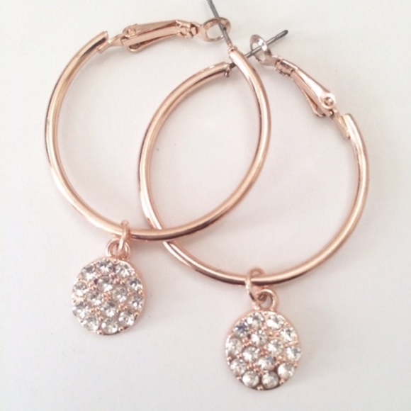 Rose Gold Tone Teardrop Rhinestone Hoop Earrings - Picture 1 of 6